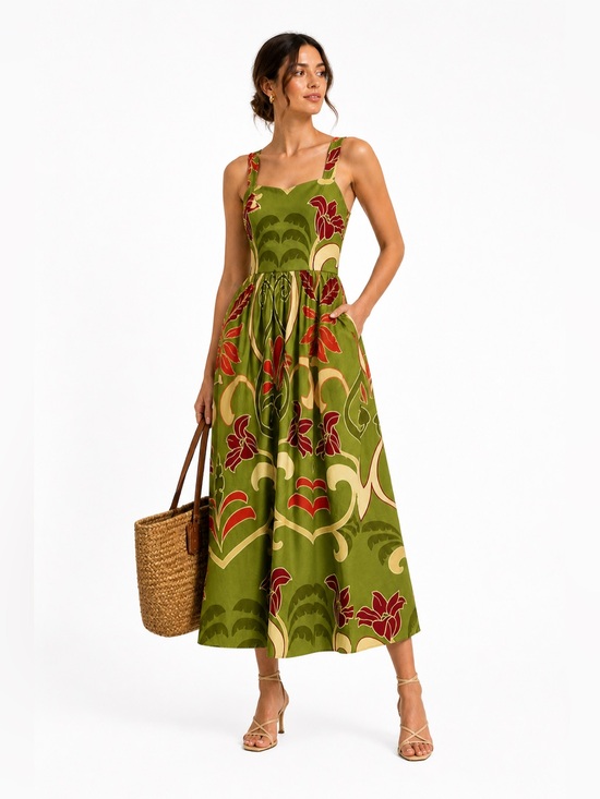 Zara Dresses & Skirts - Zara Olive Green Floral Midi Dress with Red & Cream Accents